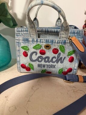 Coach Denim Mini Tote with Embroidered Red Cherry Accents